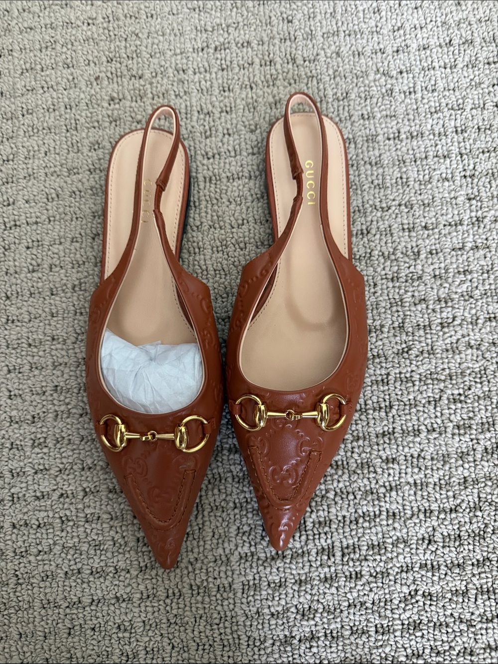 Gucci Brown Pointed Leather Slingback Mules with Gold Horsebit